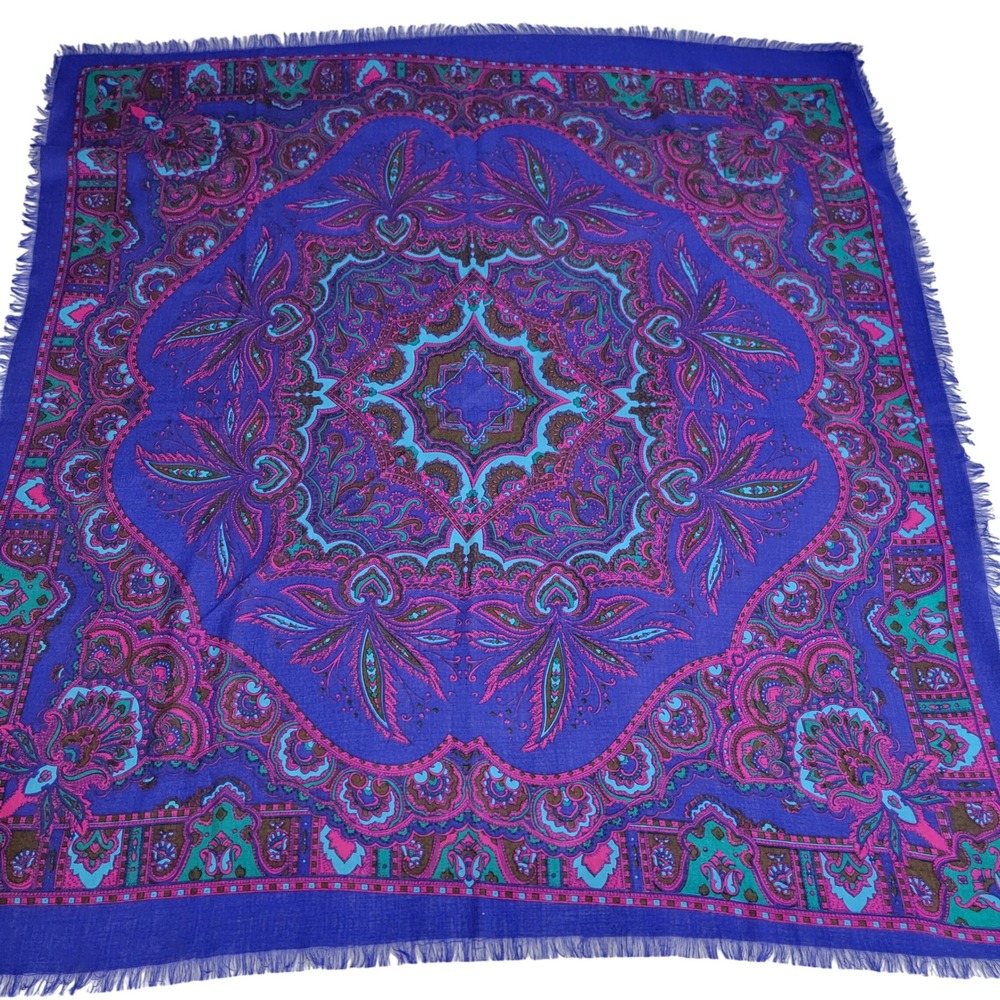 Casca for Magid Fine Wool Scarf Blue-Purple Pink Green Fringed 45" Square Rare‎